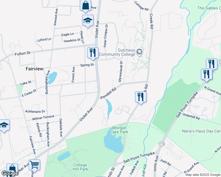 map of restaurants, bars, coffee shops, grocery stores, and more near 1 Commons Lane in Poughkeepsie
