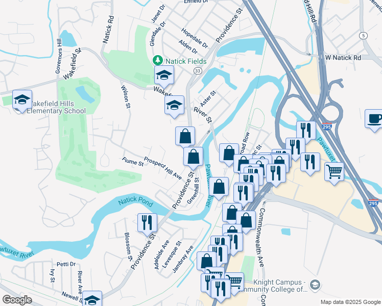 map of restaurants, bars, coffee shops, grocery stores, and more near 6 Prospect Street in West Warwick