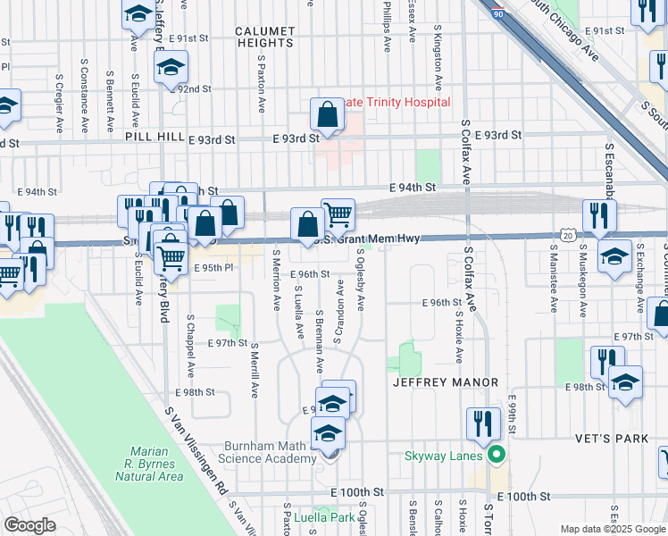 map of restaurants, bars, coffee shops, grocery stores, and more near 2318 East 96th Street in Chicago