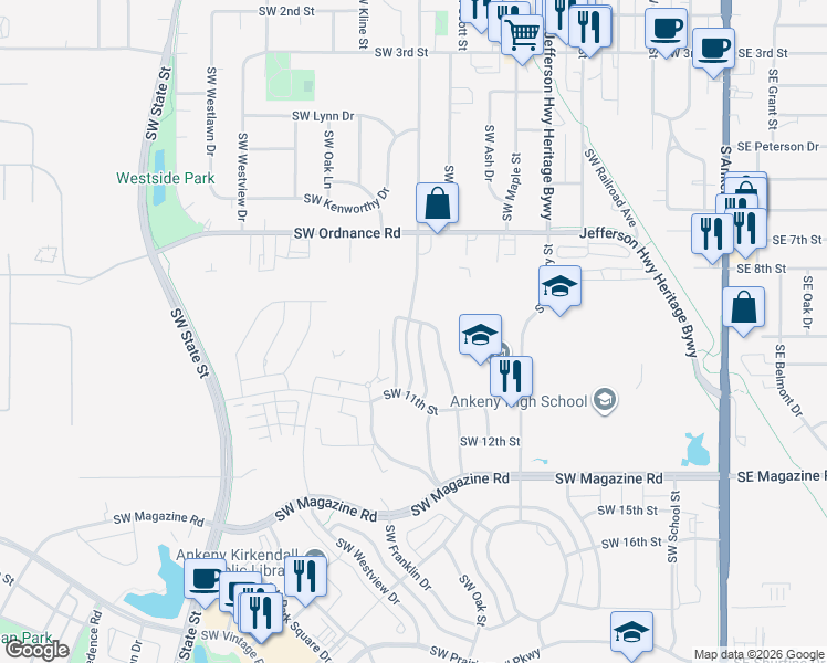 map of restaurants, bars, coffee shops, grocery stores, and more near 912 Southwest Elm Street in Ankeny