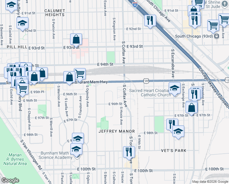 map of restaurants, bars, coffee shops, grocery stores, and more near 9550 South Calhoun Avenue in Chicago