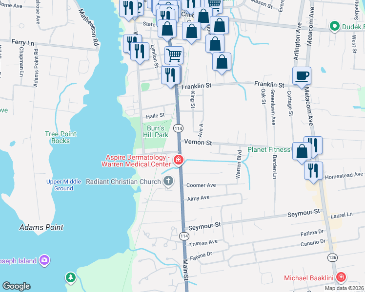 map of restaurants, bars, coffee shops, grocery stores, and more near 814 Main Street in Warren