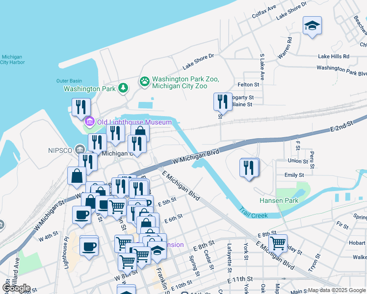 map of restaurants, bars, coffee shops, grocery stores, and more near Taylor Street in Michigan City