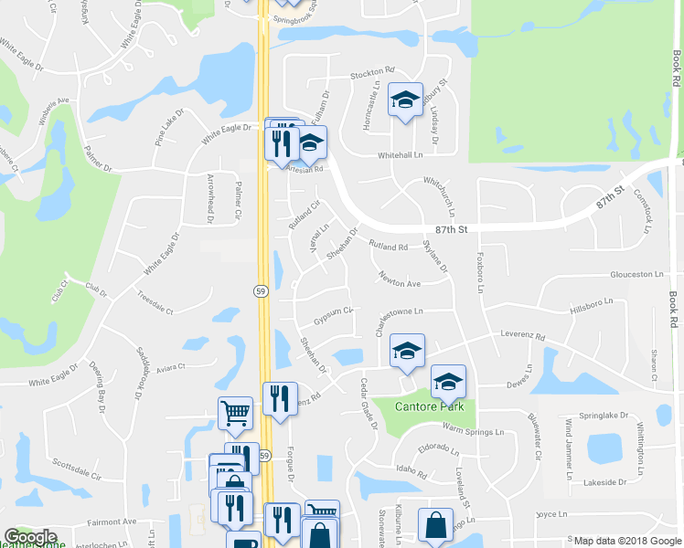 map of restaurants, bars, coffee shops, grocery stores, and more near 2822 White Thorn Circle in Naperville