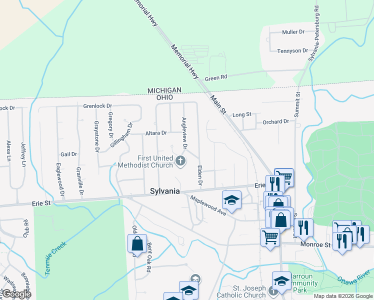 map of restaurants, bars, coffee shops, grocery stores, and more near Trailway in Sylvania