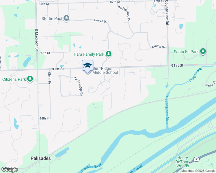 map of restaurants, bars, coffee shops, grocery stores, and more near 27 Rodeo Drive in Burr Ridge