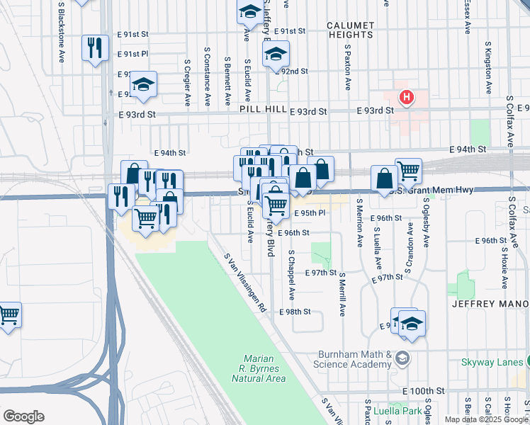 map of restaurants, bars, coffee shops, grocery stores, and more near 9551 South Euclid Avenue in Chicago