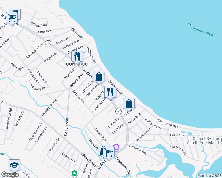map of restaurants, bars, coffee shops, grocery stores, and more near 34 Troy Avenue in Warwick