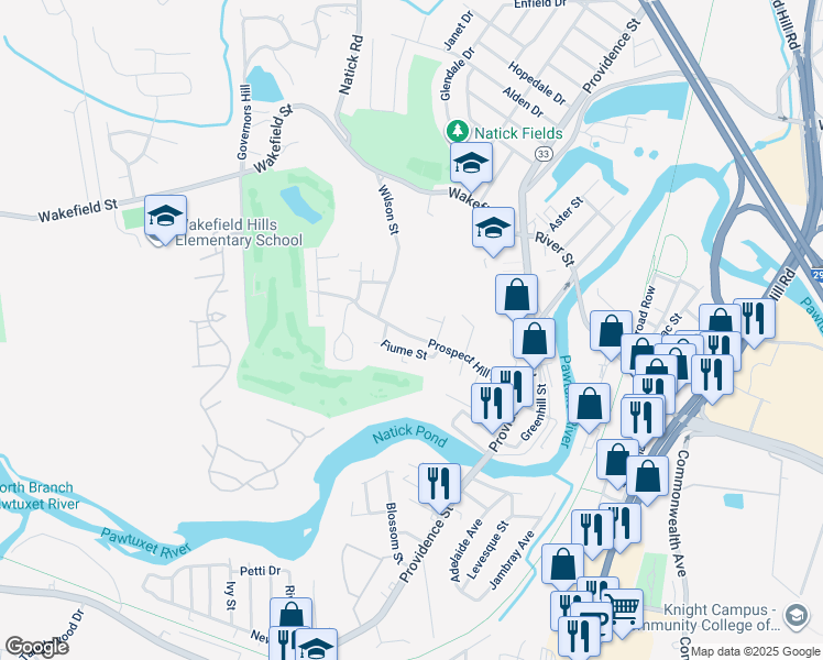 map of restaurants, bars, coffee shops, grocery stores, and more near 40 Fiume Street in West Warwick