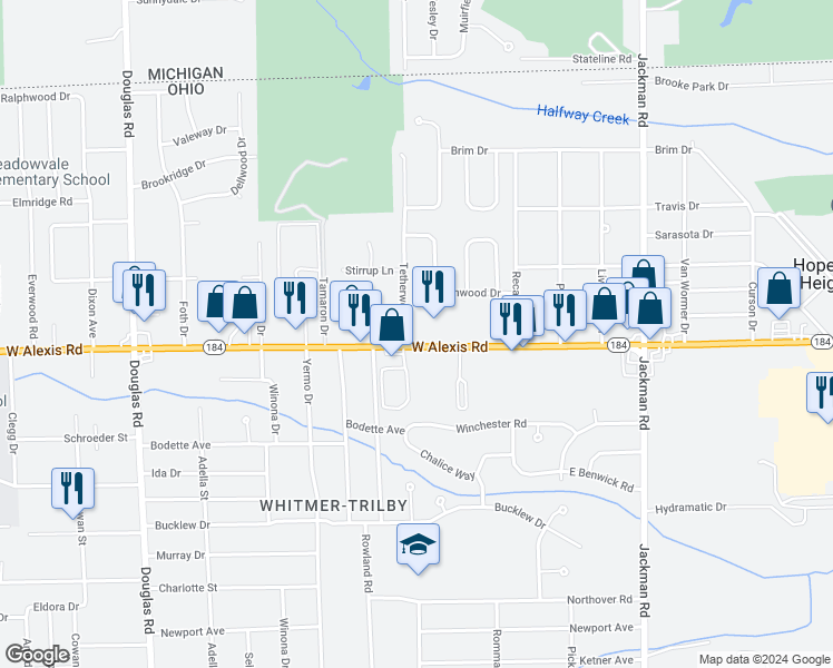 map of restaurants, bars, coffee shops, grocery stores, and more near 2103 Ohio 184 in Toledo