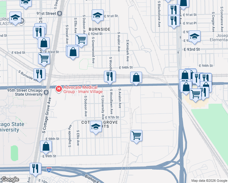 map of restaurants, bars, coffee shops, grocery stores, and more near 9538 South Avalon Avenue in Chicago