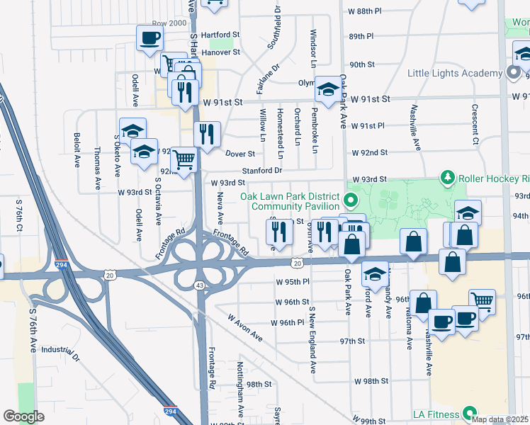 map of restaurants, bars, coffee shops, grocery stores, and more near 9349 Nordica Avenue in Oak Lawn