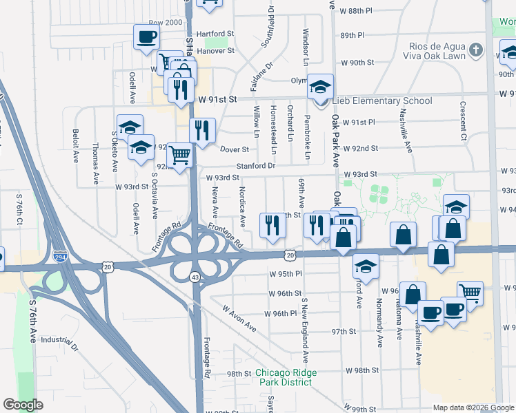 map of restaurants, bars, coffee shops, grocery stores, and more near 9349 Nordica Avenue in Oak Lawn
