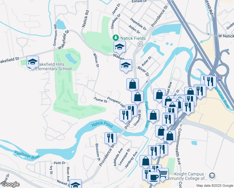 map of restaurants, bars, coffee shops, grocery stores, and more near 73 Prospect Hill Avenue in West Warwick