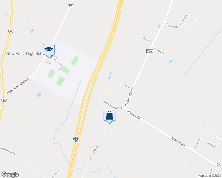 map of restaurants, bars, coffee shops, grocery stores, and more near 3 Karin Court in New Paltz