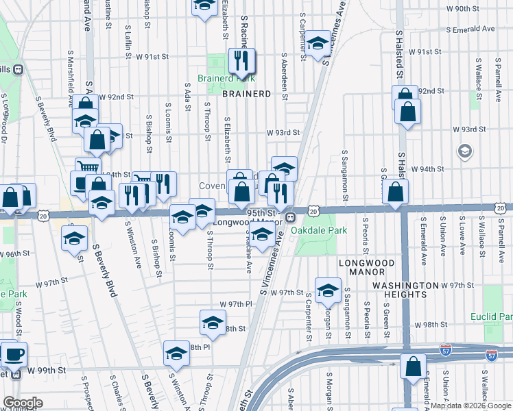 map of restaurants, bars, coffee shops, grocery stores, and more near 9507 South Racine Avenue in Chicago