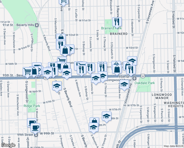 map of restaurants, bars, coffee shops, grocery stores, and more near 9453 South Loomis Street in Chicago