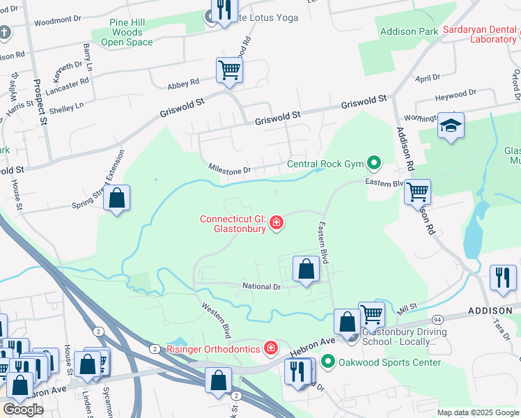 map of restaurants, bars, coffee shops, grocery stores, and more near 289 Western Boulevard in Glastonbury