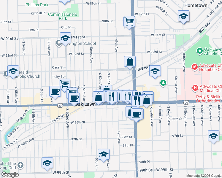 map of restaurants, bars, coffee shops, grocery stores, and more near 4918 95th Street in Oak Lawn