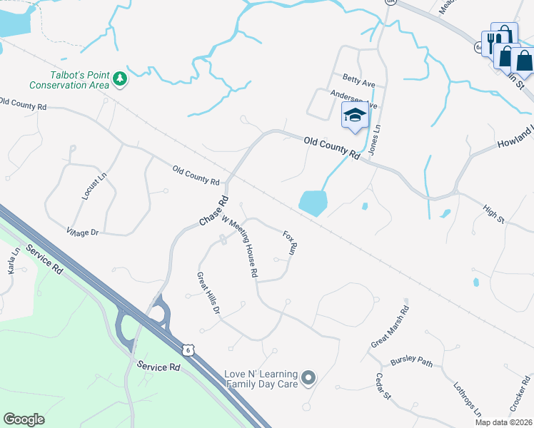 map of restaurants, bars, coffee shops, grocery stores, and more near 6 Fox Run in Sandwich