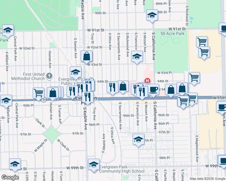 map of restaurants, bars, coffee shops, grocery stores, and more near 3020 95th Street in Evergreen Park