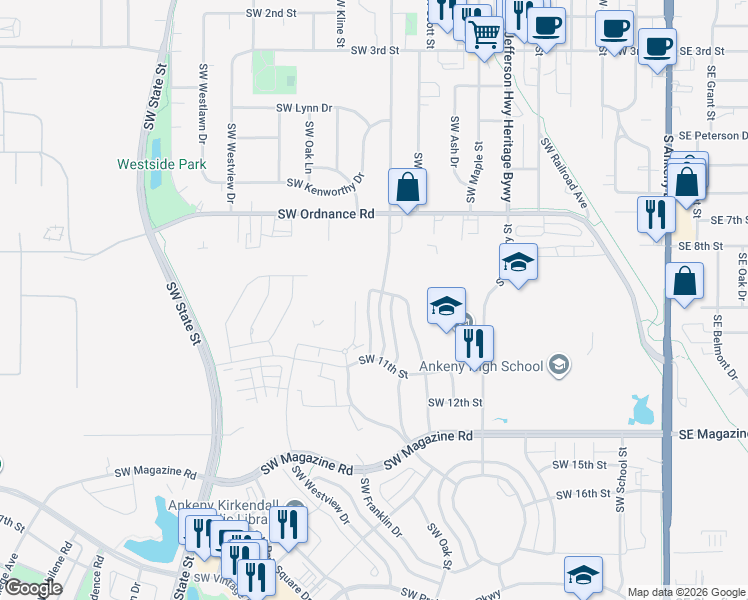 map of restaurants, bars, coffee shops, grocery stores, and more near 1169 Southwest Ordnance Road in Ankeny