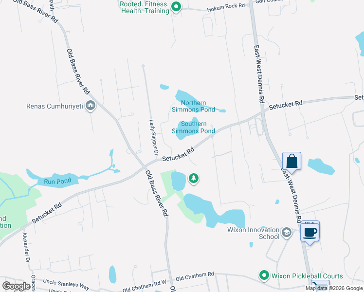 map of restaurants, bars, coffee shops, grocery stores, and more near 302 Setucket Road in Dennis