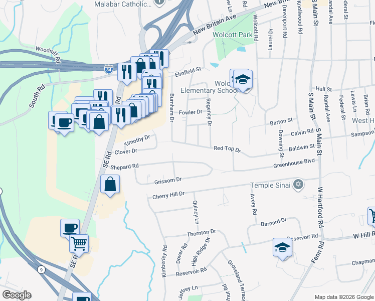 map of restaurants, bars, coffee shops, grocery stores, and more near 76 Shepard Road in West Hartford