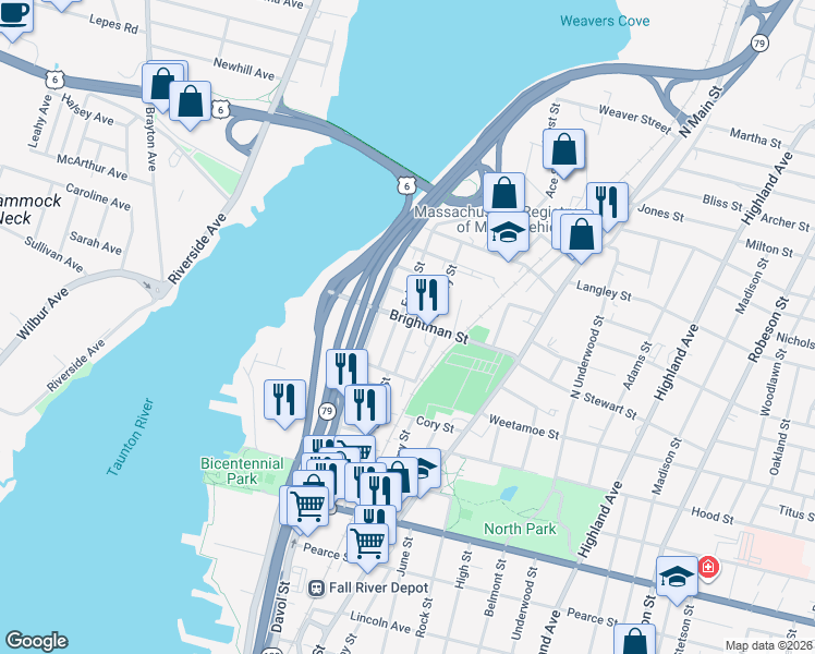 map of restaurants, bars, coffee shops, grocery stores, and more near 44 Morton Street in Fall River