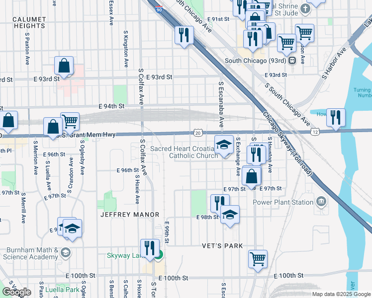map of restaurants, bars, coffee shops, grocery stores, and more near 9532 South Manistee Avenue in Chicago