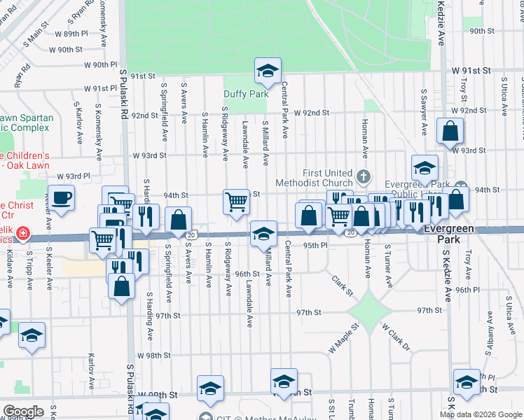 map of restaurants, bars, coffee shops, grocery stores, and more near 9426 South Millard Avenue in Evergreen Park