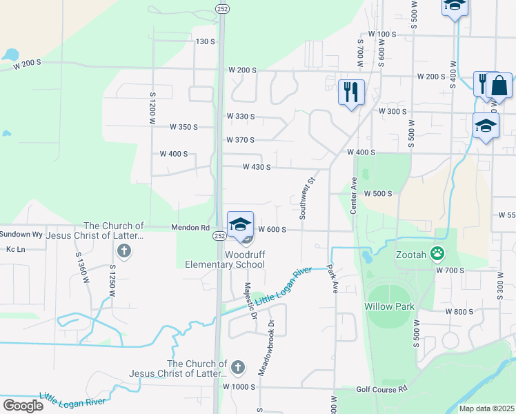 map of restaurants, bars, coffee shops, grocery stores, and more near 899 West 600 South in Logan