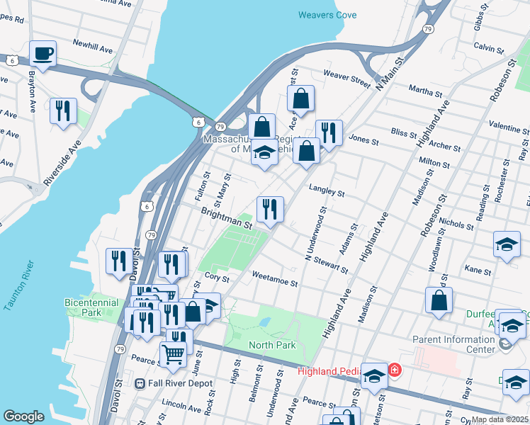 map of restaurants, bars, coffee shops, grocery stores, and more near 420 Brightman Street in Fall River