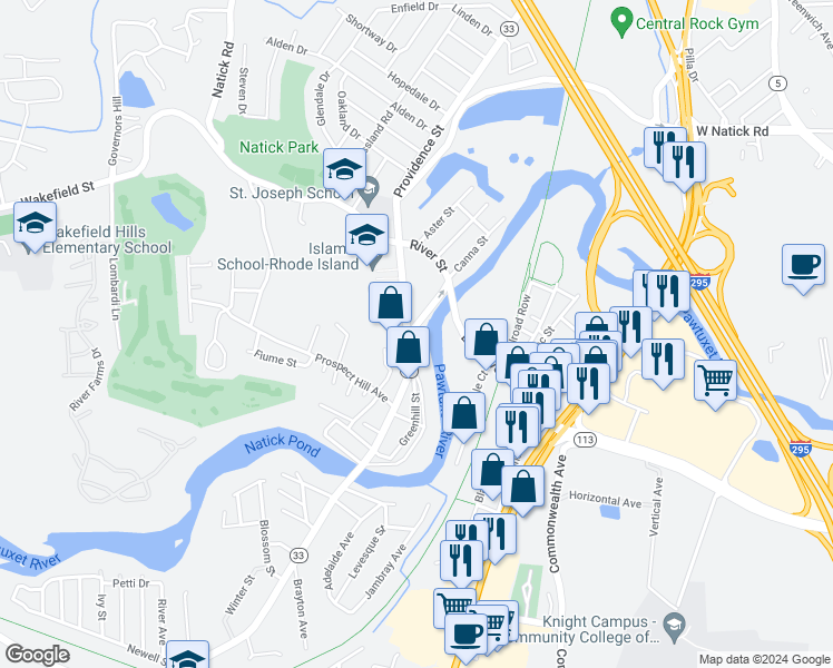 map of restaurants, bars, coffee shops, grocery stores, and more near 747 Providence Street in West Warwick