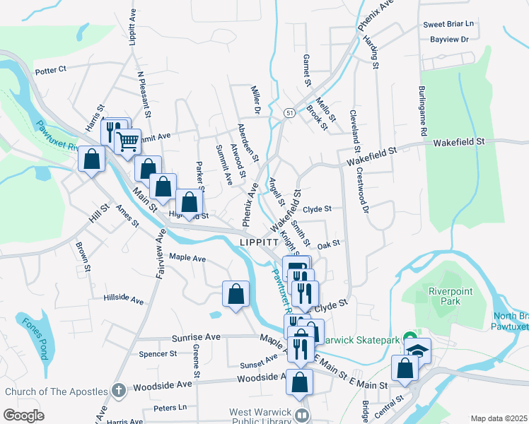 map of restaurants, bars, coffee shops, grocery stores, and more near 16 Wakefield Street in West Warwick