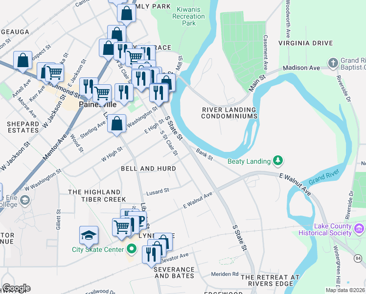 map of restaurants, bars, coffee shops, grocery stores, and more near 287 South Saint Clair Street in Painesville