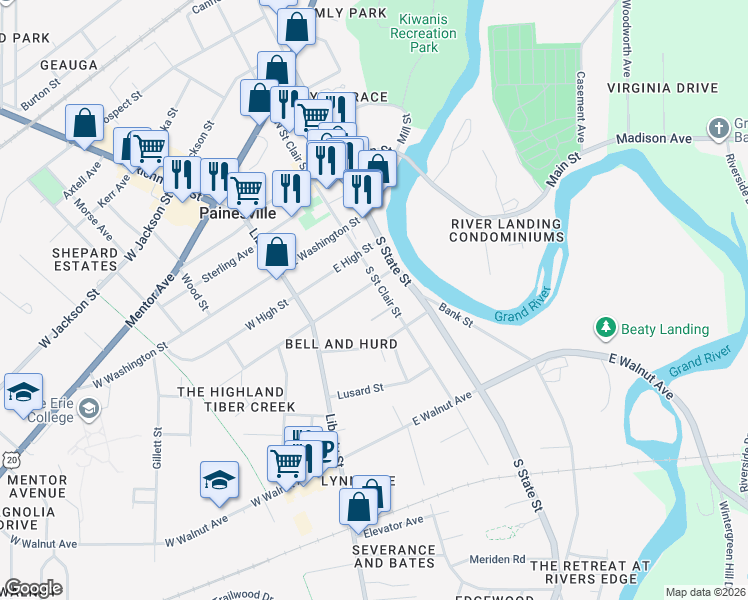 map of restaurants, bars, coffee shops, grocery stores, and more near 252 Webster Court in Painesville