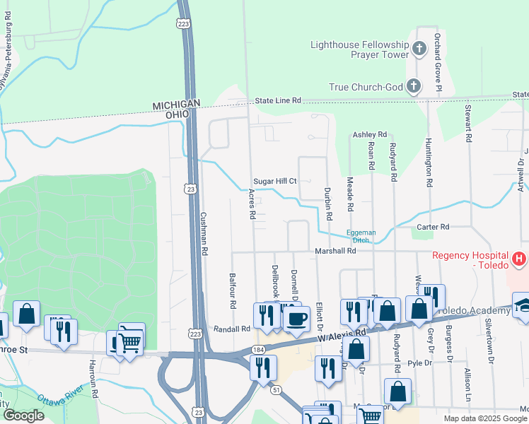 map of restaurants, bars, coffee shops, grocery stores, and more near 5835 Acres Road in Sylvania