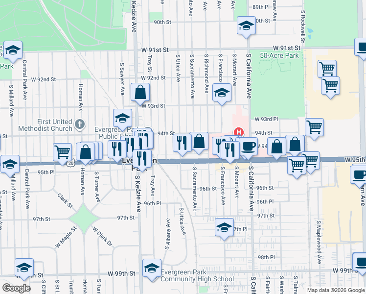 map of restaurants, bars, coffee shops, grocery stores, and more near 3020 95th Street in Evergreen Park