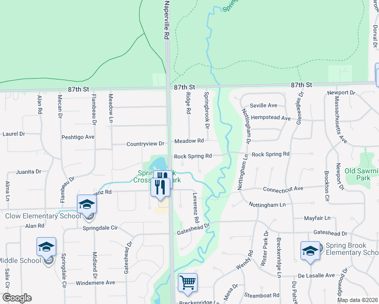 map of restaurants, bars, coffee shops, grocery stores, and more near 2307 Boulder Court in Naperville