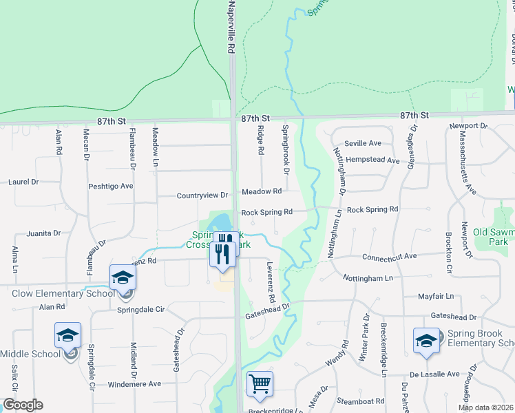 map of restaurants, bars, coffee shops, grocery stores, and more near 2307 Boulder Court in Naperville