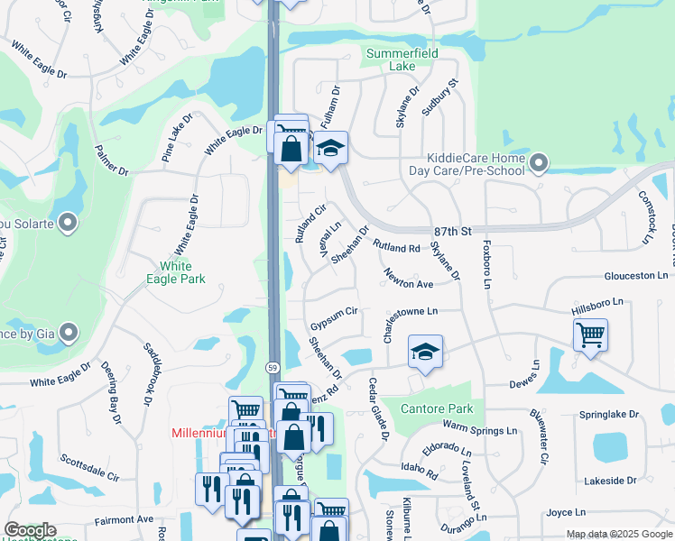 map of restaurants, bars, coffee shops, grocery stores, and more near 2939 White Thorn Circle in Naperville