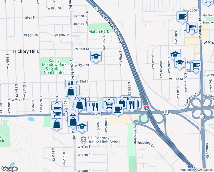 map of restaurants, bars, coffee shops, grocery stores, and more near 9335 South 78th Avenue in Hickory Hills