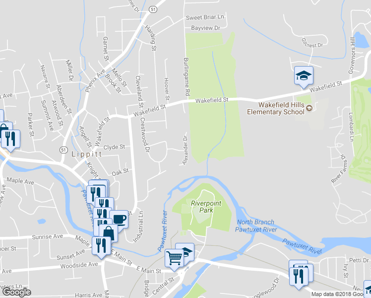 map of restaurants, bars, coffee shops, grocery stores, and more near 21 Alexander Drive in West Warwick