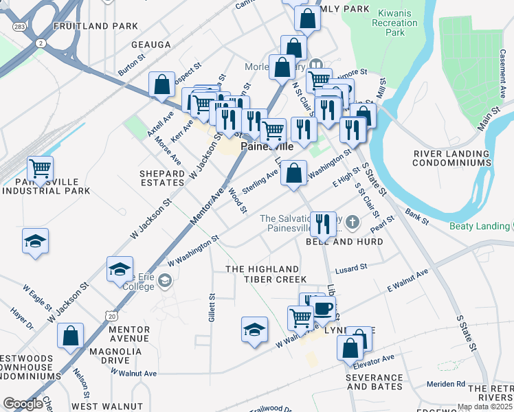 map of restaurants, bars, coffee shops, grocery stores, and more near 106 West Washington Street in Painesville