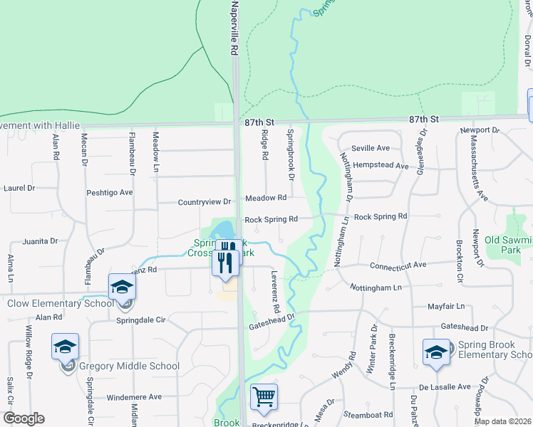 map of restaurants, bars, coffee shops, grocery stores, and more near 2307 Boulder Court in Naperville