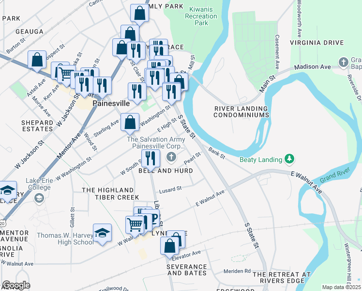 map of restaurants, bars, coffee shops, grocery stores, and more near 232 South Saint Clair Street in Painesville