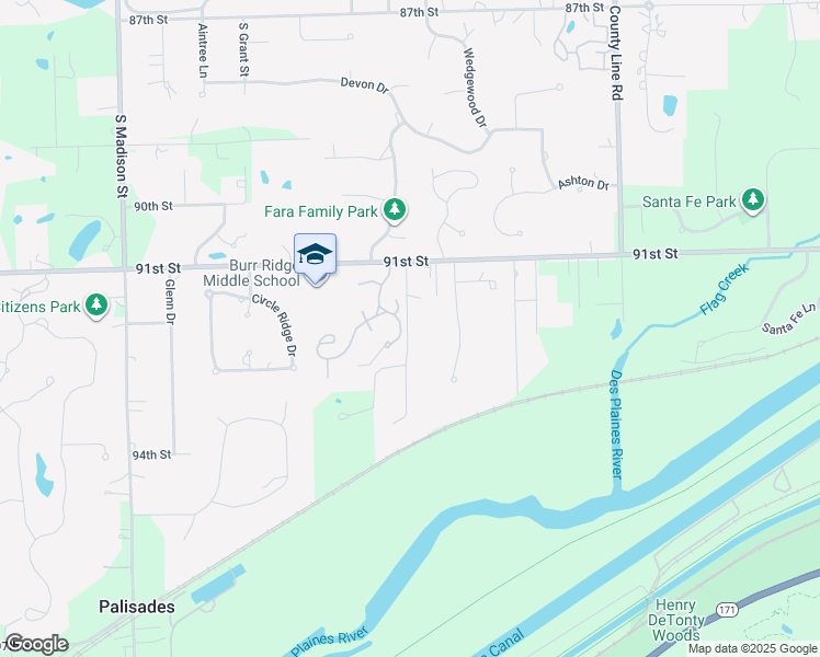 map of restaurants, bars, coffee shops, grocery stores, and more near 9227 South Garfield Street in Burr Ridge