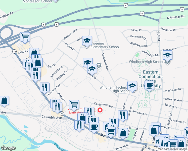 map of restaurants, bars, coffee shops, grocery stores, and more near 83 Quarry Street in Windham