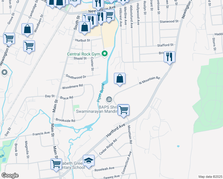 map of restaurants, bars, coffee shops, grocery stores, and more near 681 North Mountain Road in Newington